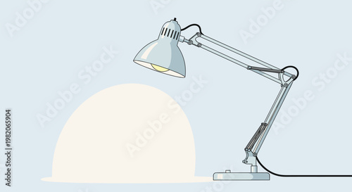 Classic silver metal desk lamp with an adjustable arm illuminating a bright circular area on a neutral background.