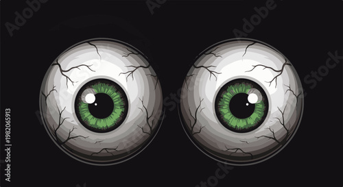 Two cartoonish eyeballs with green irises on a black background