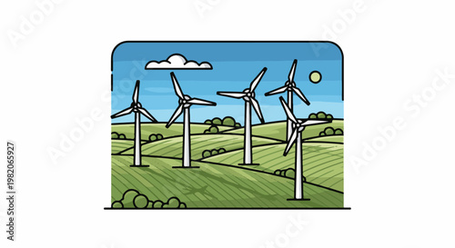 Stylized wind turbines stand tall on rolling green hills under a blue sky