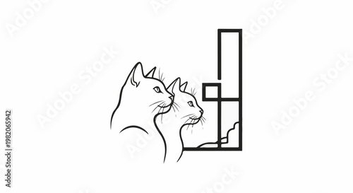 Two cats gaze out of a window, one slightly larger than the other