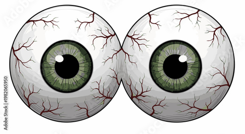 Two cartoonish, bloodshot eyeballs with green irises and black pupils, facing forward