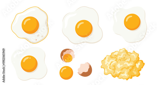 Various egg preparations including fried eggs scrambled eggs raw yolks and cracked eggshells for breakfast concepts.