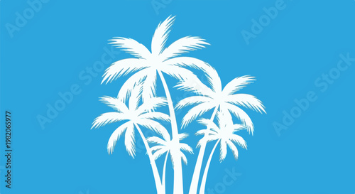 Stylized white palm trees silhouette against a vibrant blue background