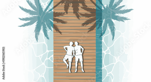 Two people relaxing on a wooden pier with palm trees and water reflections