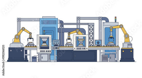 Automated factory production line with robotic arms and modern machinery.