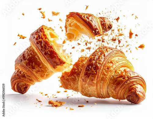 Flaky golden croissant exploding with crumbs on white