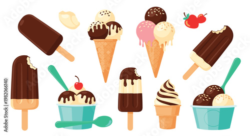 Large set of assorted ice cream types including cones popsicles cups and bowls with diverse flavors and toppings.