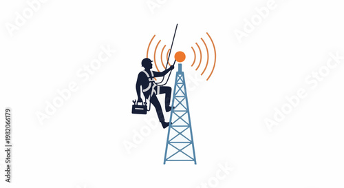 Technician climbs communication tower, connecting antenna with signal waves