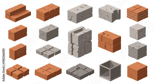 Comprehensive set of construction bricks and blocks in various shapes materials and isometric views for building.