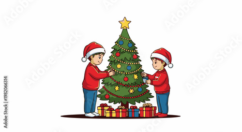 Two children in Santa hats decorate a Christmas tree with ornaments and presents