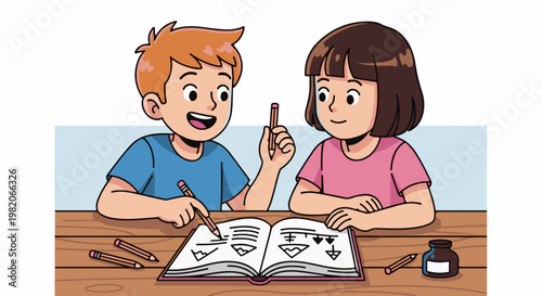 Two children enthusiastically engage in drawing and writing in a book