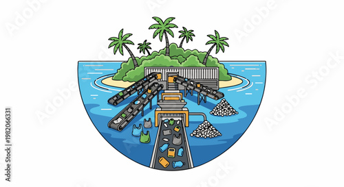Tropical island with recycling machinery processing plastic waste