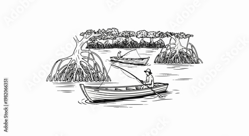 Two people in boats fishing amidst mangrove trees and their tangled roots