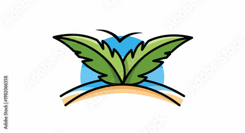 Tropical leaves rise above a beach under a blue sky and ocean