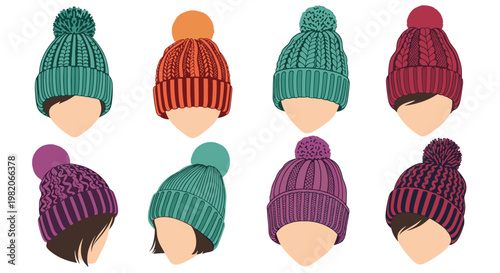 Set of diverse characters wearing colorful winter beanies with pom-poms showing various knit patterns and vibrant fashion styles.