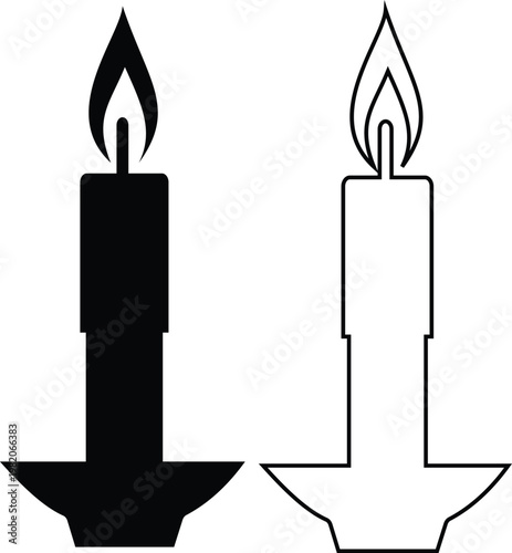 Candle flame icon set collection group, wax, light, fire, lantern, illumination symbols, decorative candles, burning wick shapes in flat and line style black vector illustration isolated