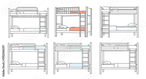 Technical sketches of bunk bed designs presented from multiple perspectives showing ladders and safety rails for children bedrooms.