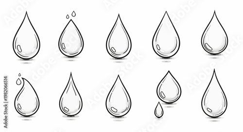 Ten stylized, monochrome water droplets in various arrangements and sizes