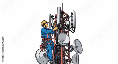 Technician works on a tall communication tower, installing equipment safely