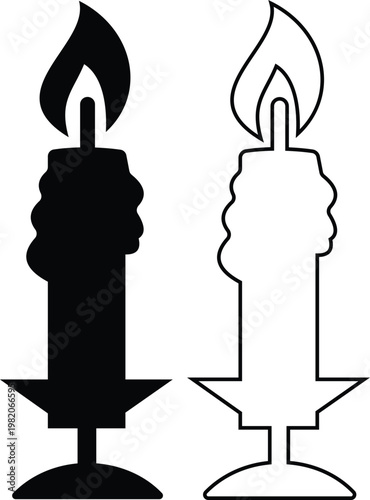 Candle flame icon set collection group, wax, light, fire, lantern, illumination symbols, decorative candles, burning wick shapes in flat and line style black vector illustration isolated