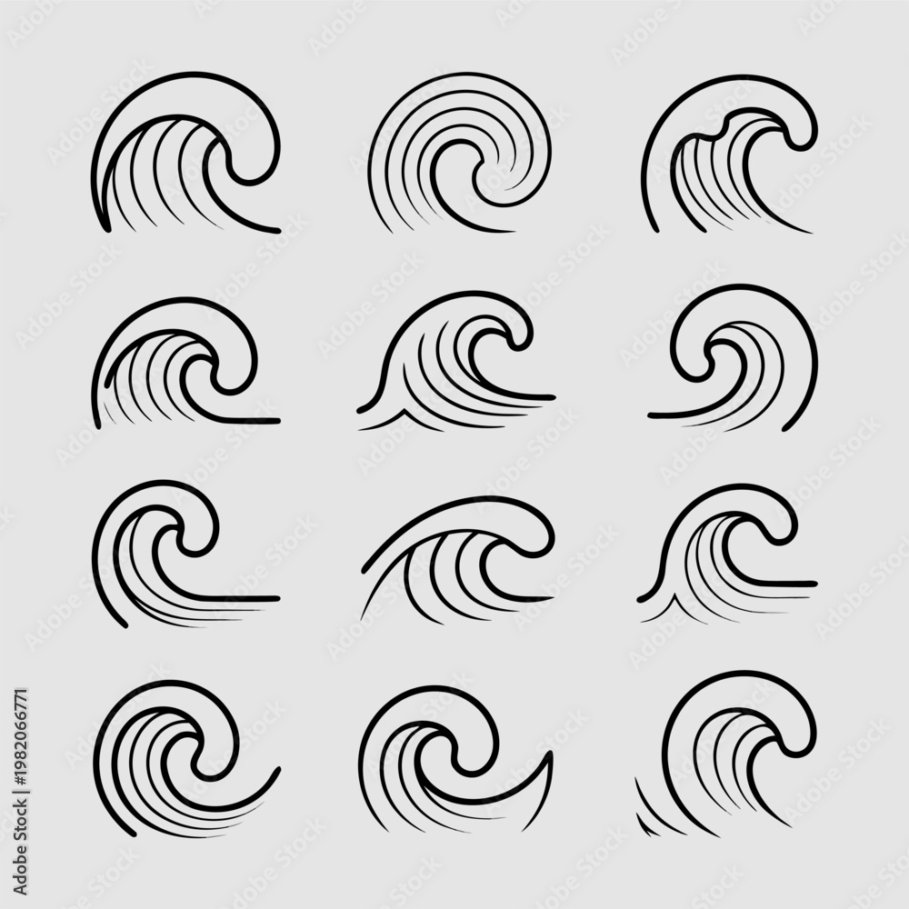 Fototapeta premium Wave Icon Set in Black and White