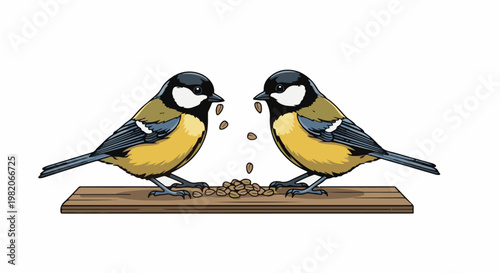 Two colorful birds are eating seeds from a wooden feeder