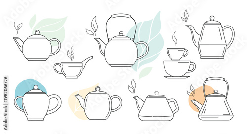 Minimalist line art illustrations of diverse teapots and teacups with delicate leaf accents and steam trails for tea lovers.