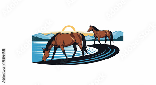 Two horses by a lake at sunset with mountains in background