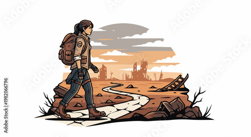 Survivor walks a path through a desolate, ruined landscape