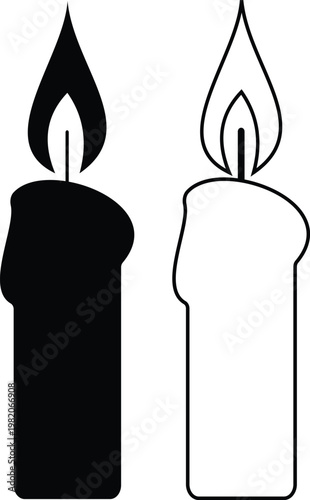 Candle flame icon set collection group, wax, light, fire, lantern, illumination symbols, decorative candles, burning wick shapes in flat and line style black vector illustration isolated