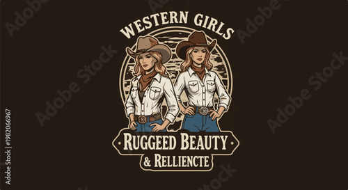 Two cowgirls in western attire stand confidently, embodying rugged beauty and resilience