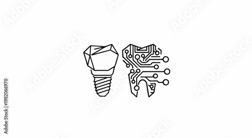 Two icons tooth with screw thread and crystalline crown, and tooth with circuit board
