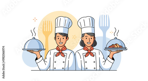 Professional male and female chefs smiling and presenting delicious meals on covered silver platters in a restaurant setting.