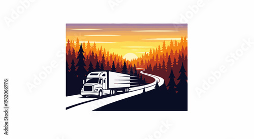 Truck travels down winding road through forest at sunset