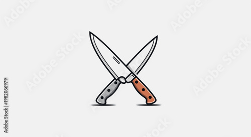 Two crossed kitchen knives with illustrated handles on a white background