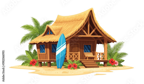 Tropical beach bungalow vector surf shack island house illustration