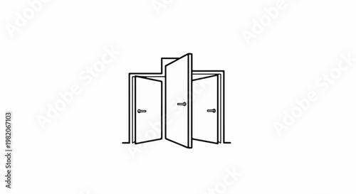 Three simple line art doors, one open, two partially open, facing forward