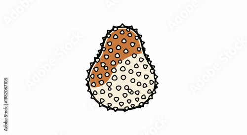 Textured, pear-shaped object with spiky edges and dot patterns