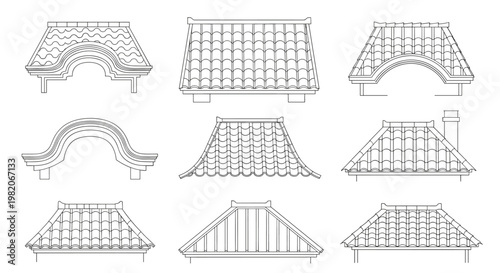 Architectural line drawings of different roof designs for houses showing various slopes, shapes, and tile patterns for construction.