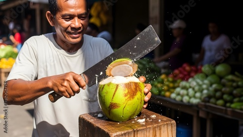 Asian street vendor cutting fresh young coconut with cleaver