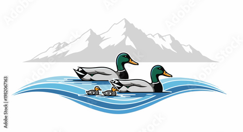 Two adult ducks and two ducklings swim on blue wavy water near mountains