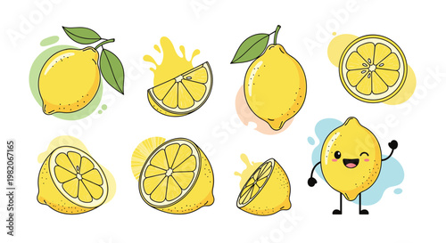 Diverse illustrations of lemons featuring whole fruit, sliced sections, juice splashes, and a cheerful cartoon lemon character.