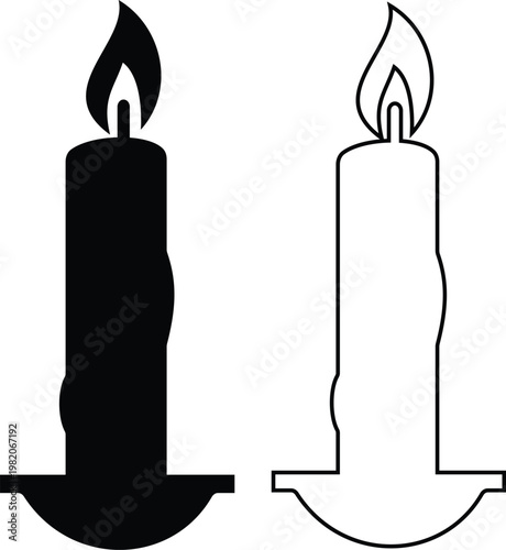 Candle flame icon set collection group, wax, light, fire, lantern, illumination symbols, decorative candles, burning wick shapes in flat and line style black vector illustration isolated