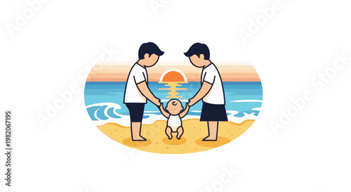 Two adults hold hands with a baby on a beach at sunset