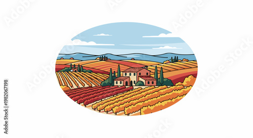 Tuscan countryside with vineyards and villa in autumn colors