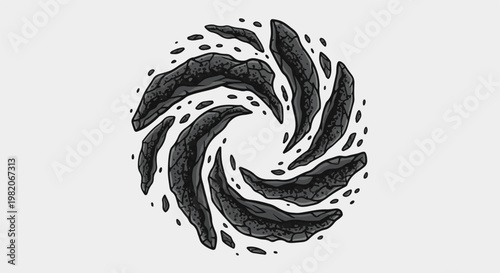 Swirling black stones form a vortex on a plain background