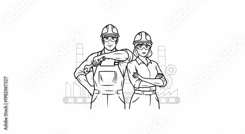 Two industrial workers, a man with a wrench and a woman, stand confidently
