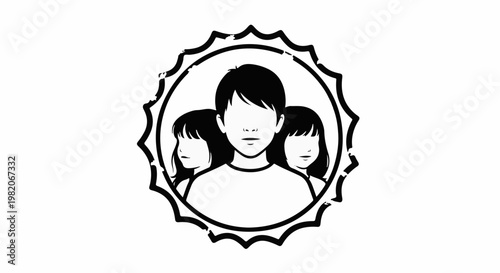 Three stylized faces, two profile, one front, in a circular emblem