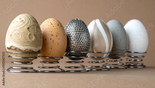 Six decorative eggs, each uniquely patterned, sit in springy metal holders against a warm, neutral backdrop