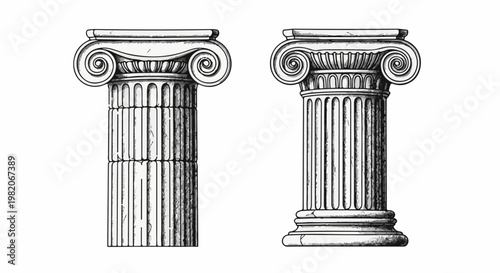 Two ionic columns, one weathered, stand isolated against a white background